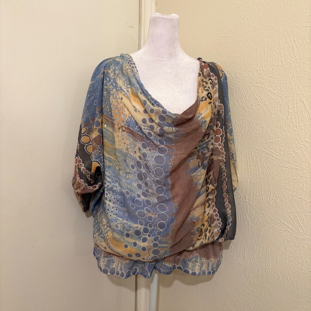 Coconut Moon Blue Brown Abstract Whimsical Fairycore Iridescent Sequin Top S